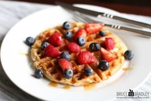 Bruce Bradley's one bowl, whole grain waffles are quick, easy, freeze well, and are made with 100% real ingredients. Top with some fruit and maple syrup and you've got a special breakfast you can make any day of the week!